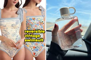Two models wearing reversible vintage swimsuits; clear small water bottle in a reviewer's hand
