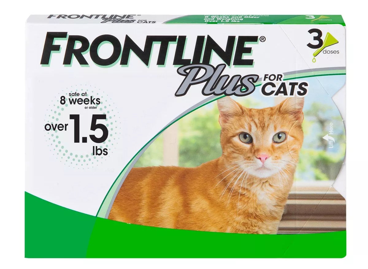 Frontline Plus for cats packaging featuring an orange cat, safe for cats over 1.5 lbs and 8 weeks old, includes 3 doses