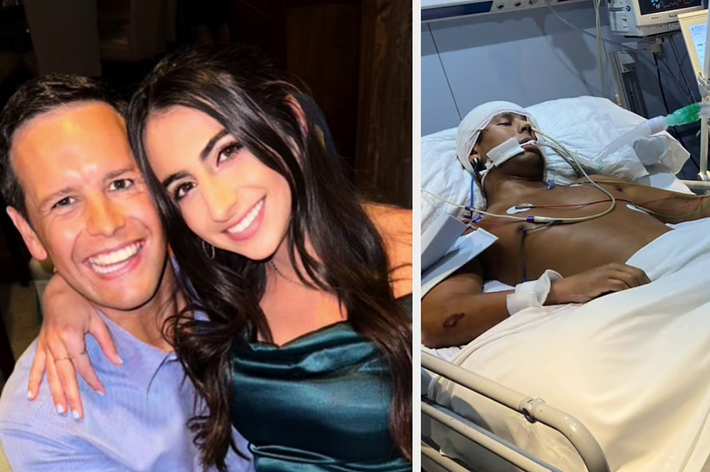 Couple smiling in a close embrace; split image with hospitalized man on the right, with medical tubes and monitors