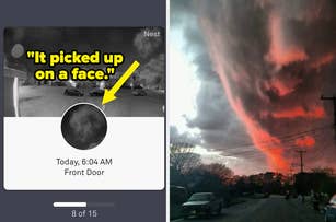 Nest camera notification shows a face detection at 6:04 AM under cloudy sky. Arrow points to disturbing image resembling a face in the clouds