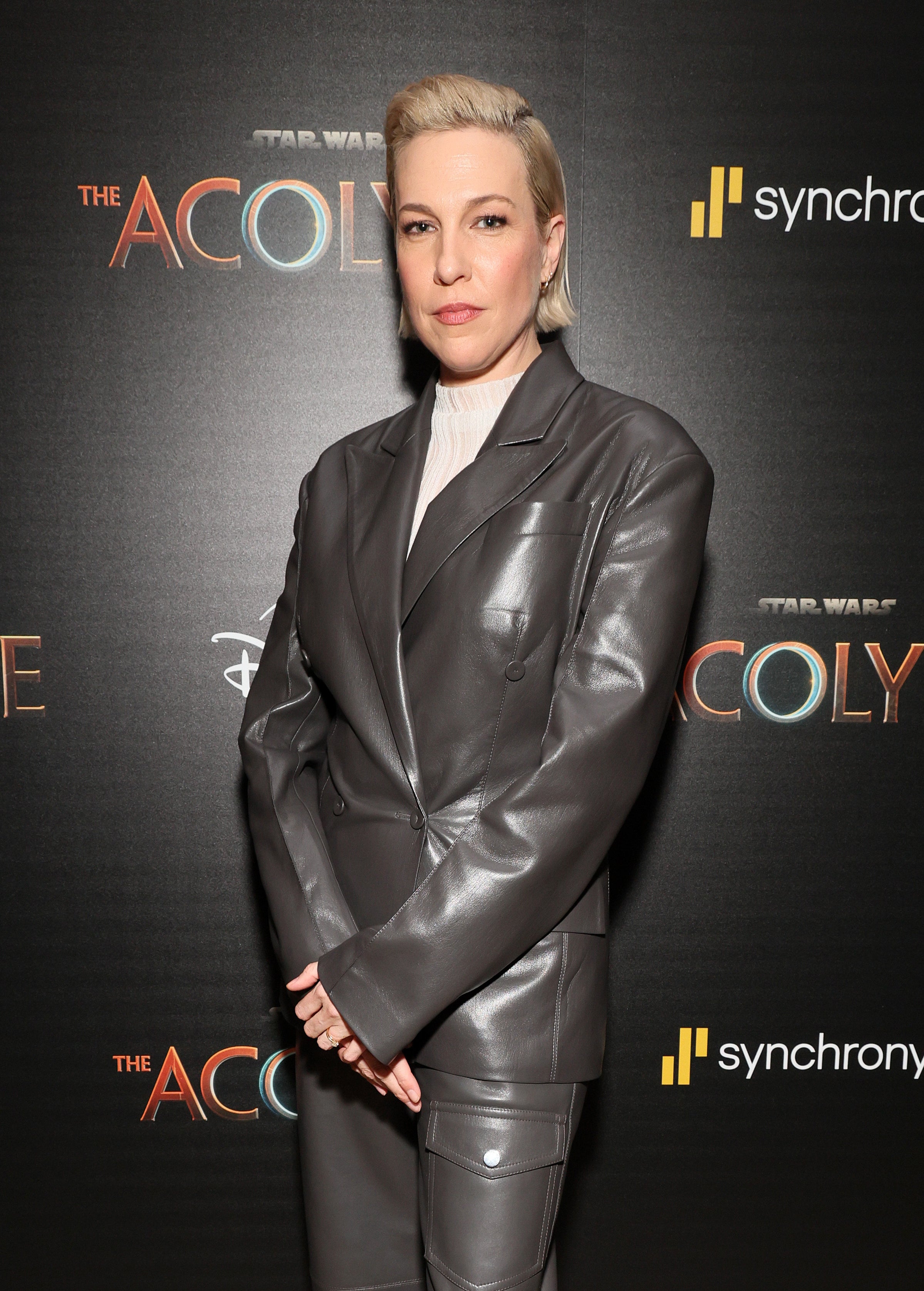 Rebecca Henderson in a sleek leather suit at &quot;The Acolyte&quot; premiere event