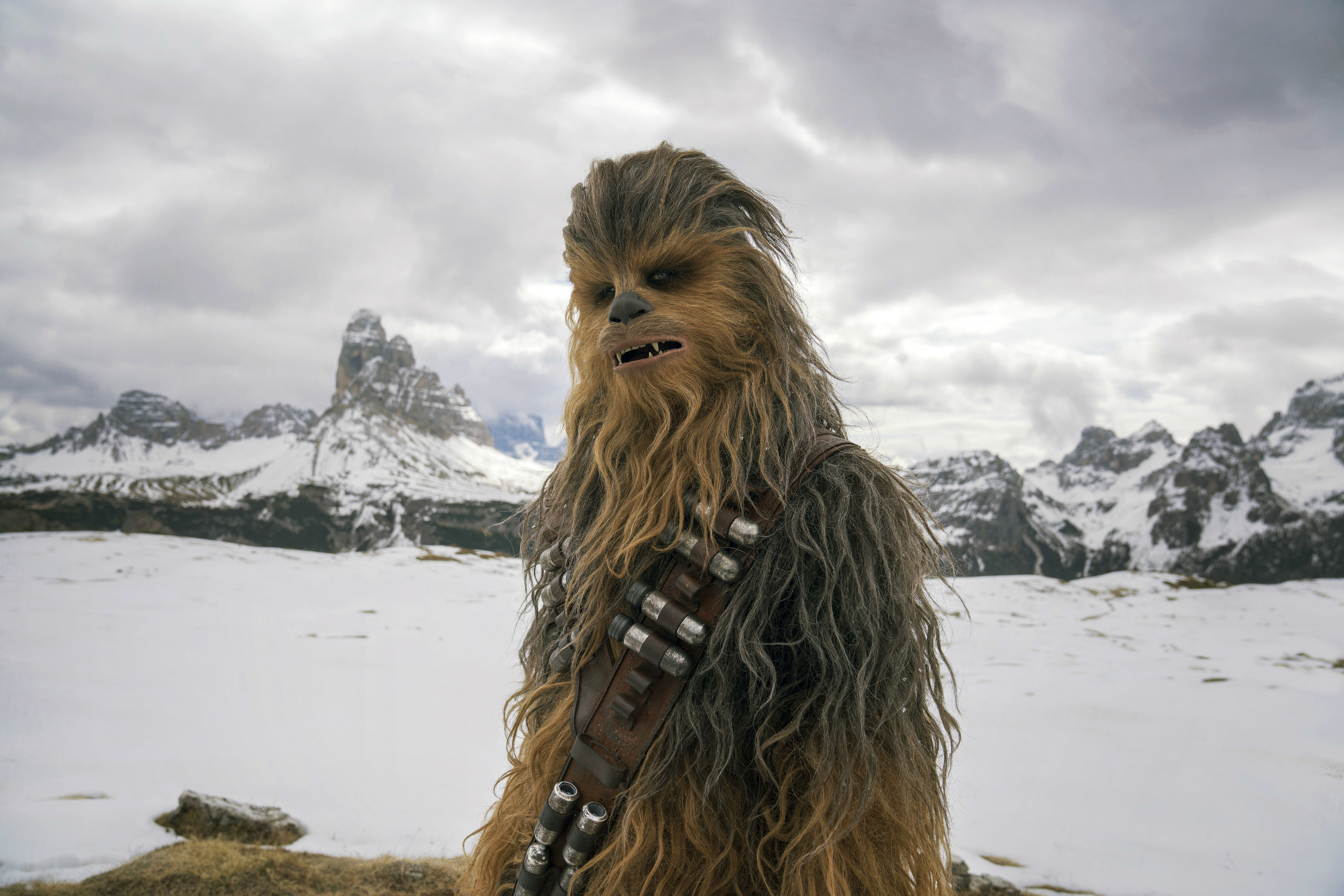 Chewbacca stands in a snowy mountainous landscape in &quot;Solo: A Star Wars Story&quot;