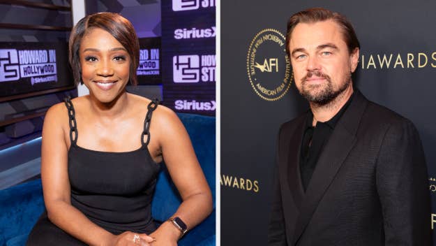 Tiffany Haddish in a sleeveless dress seated at a SiriusXM studio, and Leonardo DiCaprio in a black suit attending an AFI Awards event