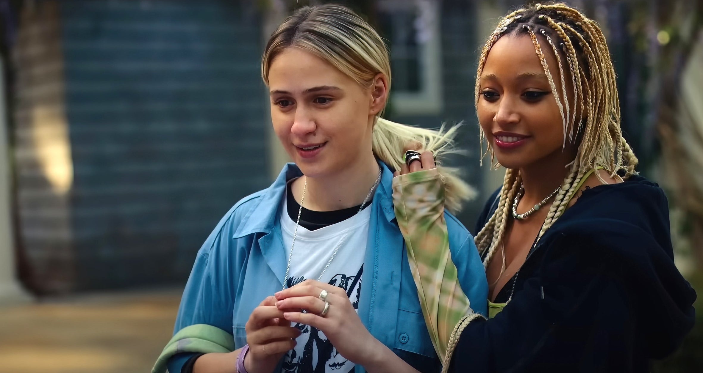 Maria Bakalova and Amandla Stenberg standing outside in a scene from &quot;Bodies Bodies Bodies&quot;