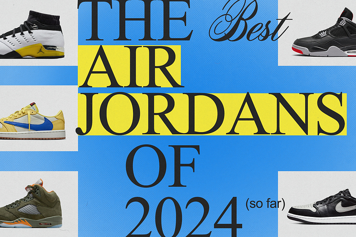 The image displays the text "The Best Air Jordans of 2024 (so far)" with five different sneakers surrounding the text