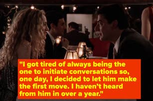 Carrie Bradshaw and Mr. Big having an intimate dinner at a restaurant in a scene from Sex and the City