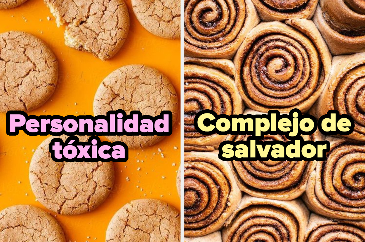 Dos columnas de imágenes de galletas etiquetadas como "Personalidad tóxica" y rollos de canela etiquetados como "Complejo de salvador"