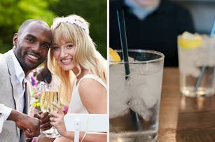 A couple smiling and toasting with champagne on the left, and two glasses of iced drinks with lemon slices and straws on the right