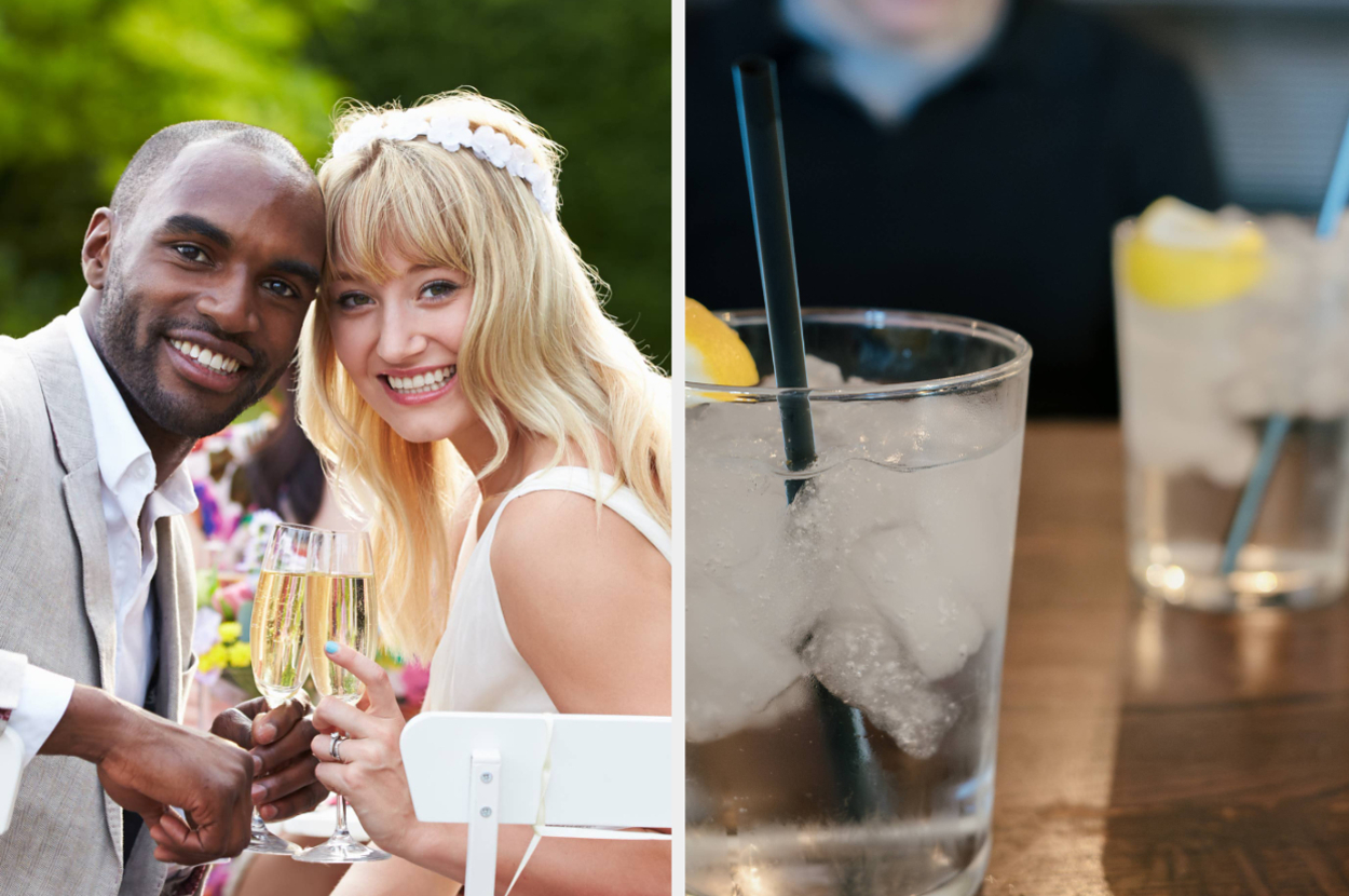 A couple smiling and toasting with champagne on the left, and two glasses of iced drinks with lemon slices and straws on the right