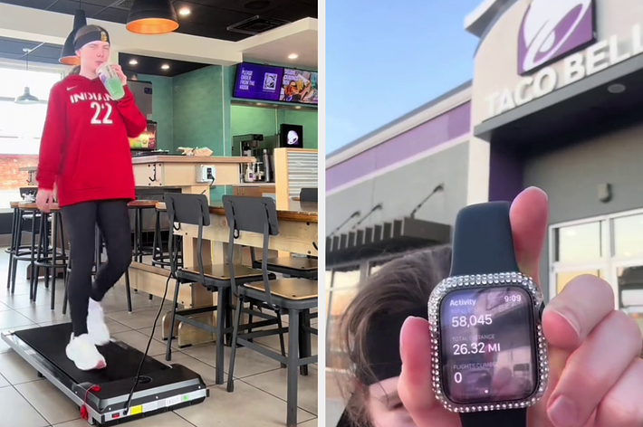 A woman wearing a red sweatshirt and black leggings walks on a treadmill inside a Taco Bell. Inset shows a smartwatch screen displaying steps and miles walked