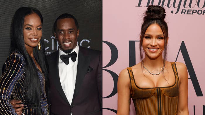 Kim Porter and Sean Combs pose together, Kim in a striped dress and Sean in a suit, alongside Cassie in a corset-style dress at an event
