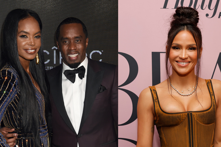 Kim Porter in a glittery outfit with Sean Combs in a tuxedo on the left; Cassie Ventura in a sleek dress on the right