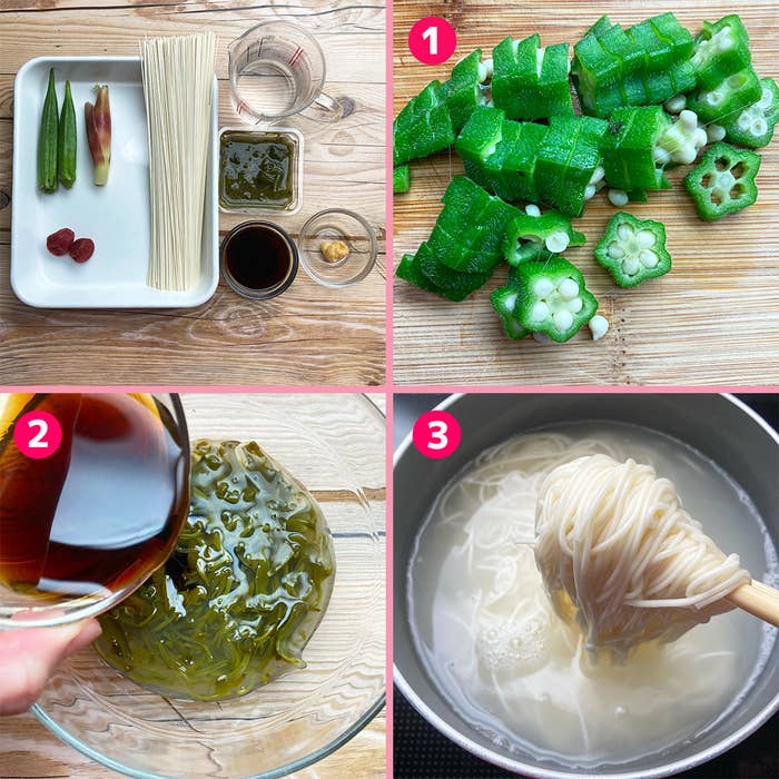 おくらと素麺の和風料理の手順を説明するイメージです。1. おくらのカット 2. たれの準備 3. 素麺を茹でる。