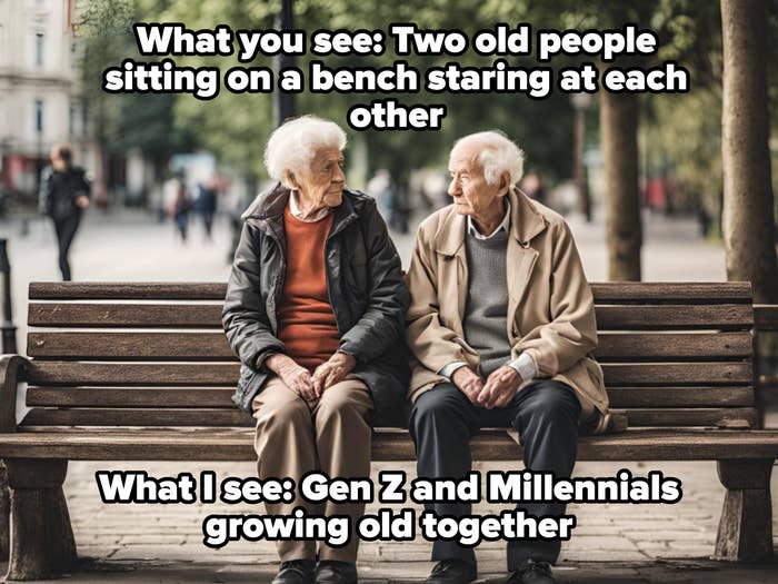 Two elderly individuals sit on a park bench, engaged in a conversation. Trees and passersby are visible in the background