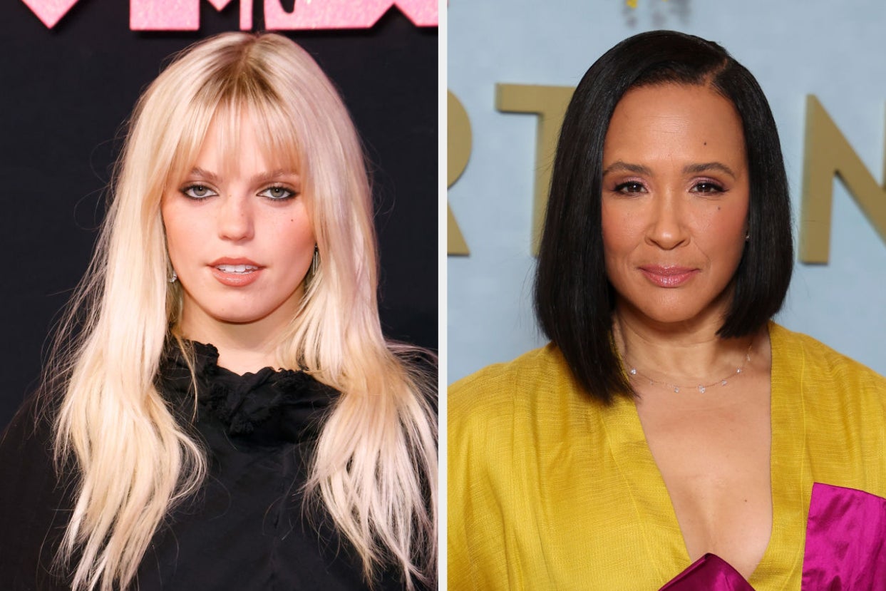 Left: Actress Renee Rapp with long hair in a black outfit. Right: Actress Golda Rosheuvel with straight bob hair in a yellow blouse