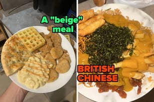 Two white plates with food; one labeled "A 'beige' meal" with waffle, pizza, nuggets, mac and cheese. The other labeled "BRITISH CHINESE" with chip shop meal and curry sauce
