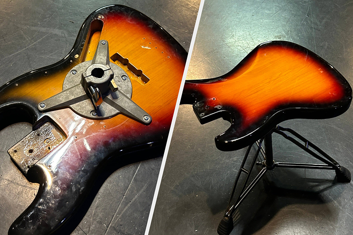 ギターのボディが交換された様子を示す2枚の写真。ギターはスタンドに設置されている。