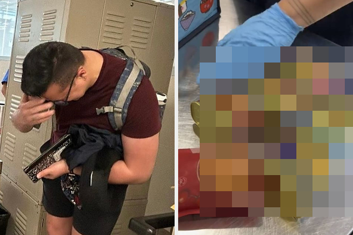 ロッカーの前で本を持っている男性と、ピクセル化された食品の写真。人物の名前は不明です。