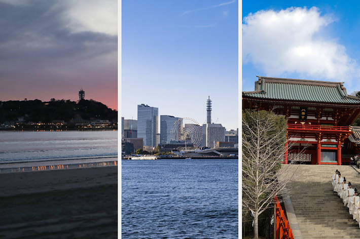 3つの画像が並んでいます。左は夕暮れの海と灯台、中は都市のビル群と観覧車、右はお寺の階段。