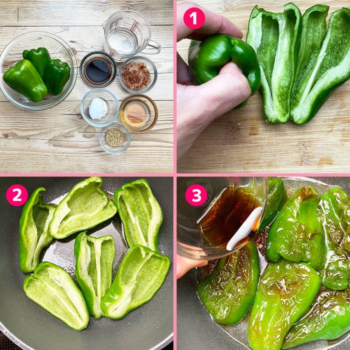 青ピーマンと調味料が並べられ、スライスされたピーマンが炒められる手順が示された料理のチュートリアル画像。