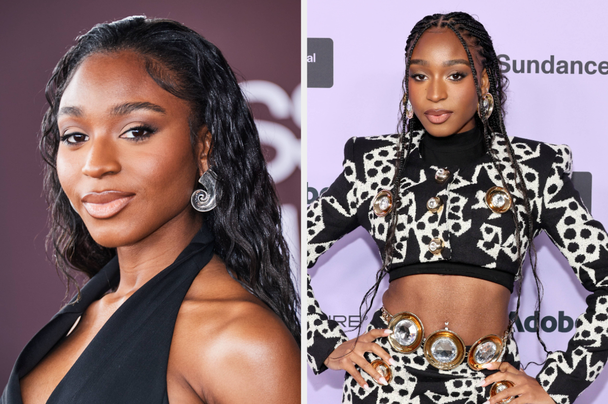 Two images of Normani. Left: Close-up of Normani with wavy hair, wearing a halter top. Right: Normani in a black and white patterned outfit with decorative, circular details