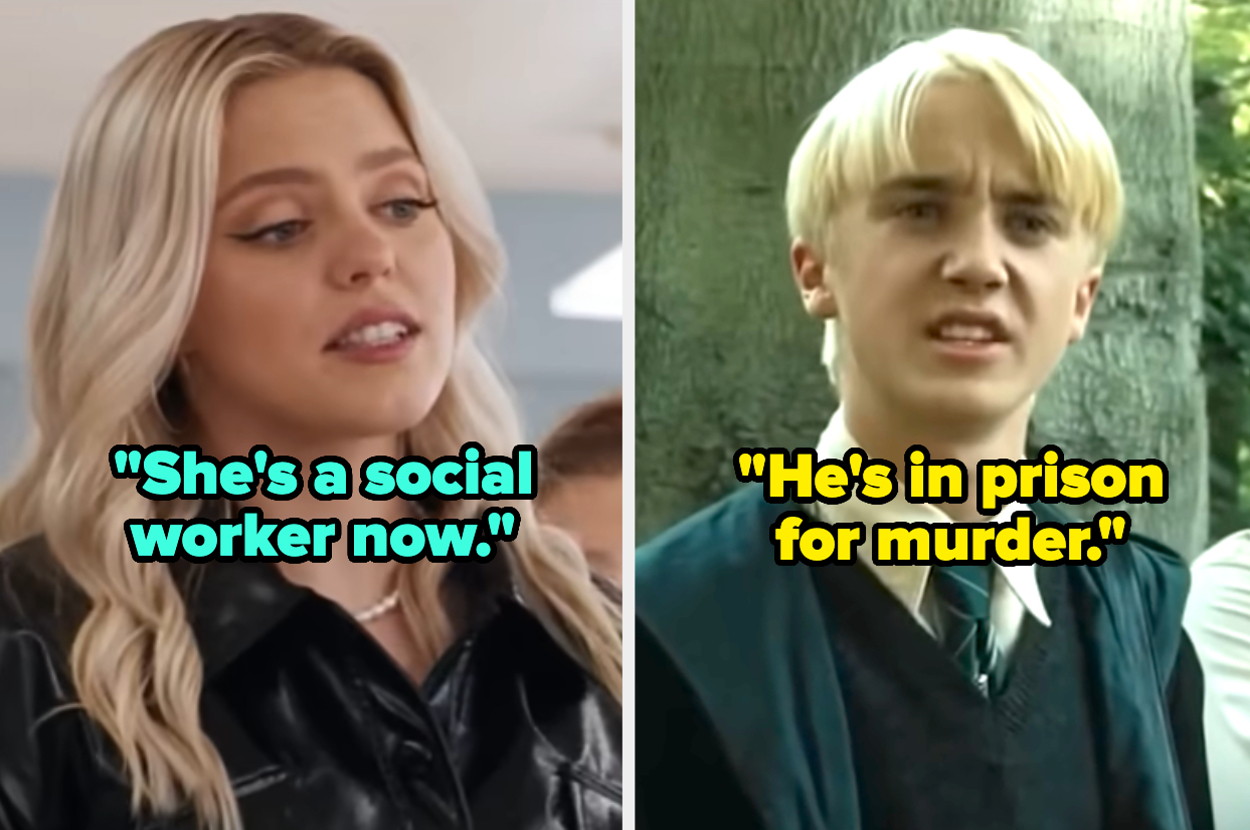 Left: Woman in a black leather jacket captioned "She's a social worker now." Right: Man with blond hair in a suit captioned "He's in prison for murder."