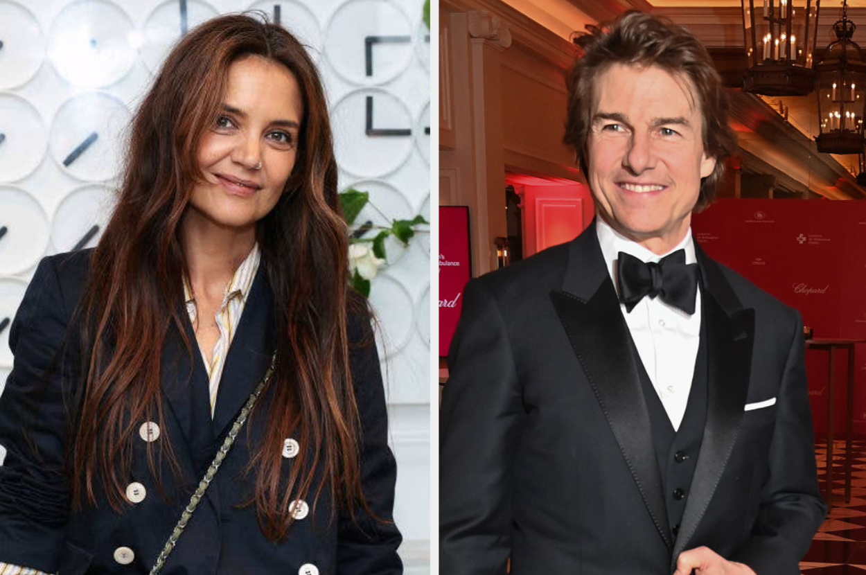 Katie Holmes in a casual blazer next to Tom Cruise in a black tuxedo with a bow tie at an indoor event