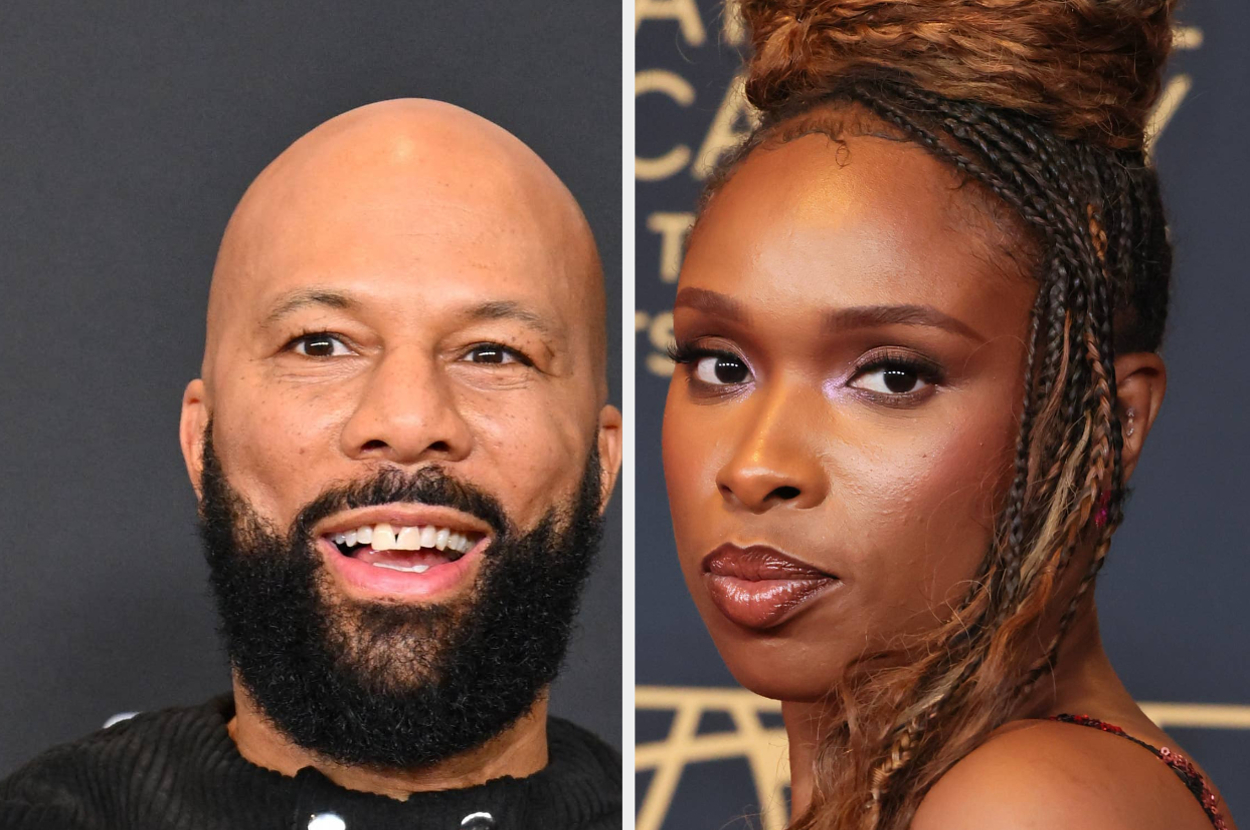 Common and Jennifer Hudson are shown in close-up portraits at a formal event, both dressed elegantly