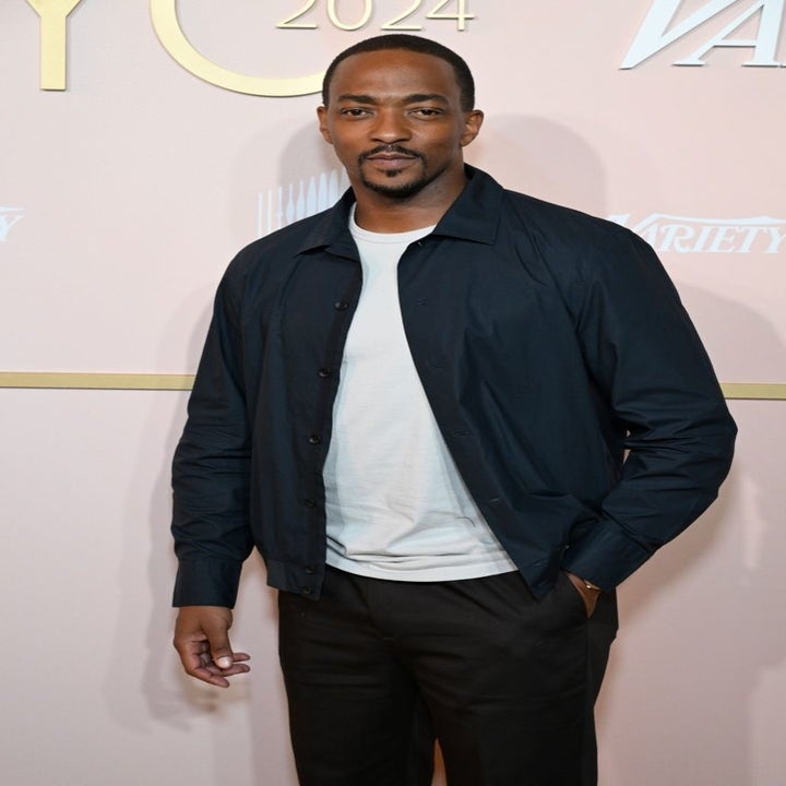 Anthony Mackie in a casual look wearing a white t-shirt with a black jacket and black pants at the Variety event