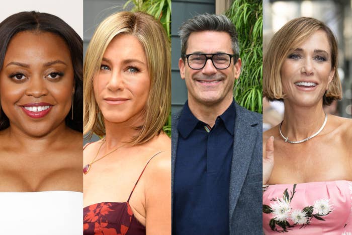 Quinta Brunson, Jennifer Aniston, Jon Hamm, and Kristen Wiig at a celebrity event; Quinta wears a strapless top, Jennifer a floral dress, Jon a suit, Kristen a floral off-shoulder dress