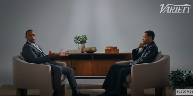 Anthony Mackie and Damson Idris sit in armchairs during an interview for Variety