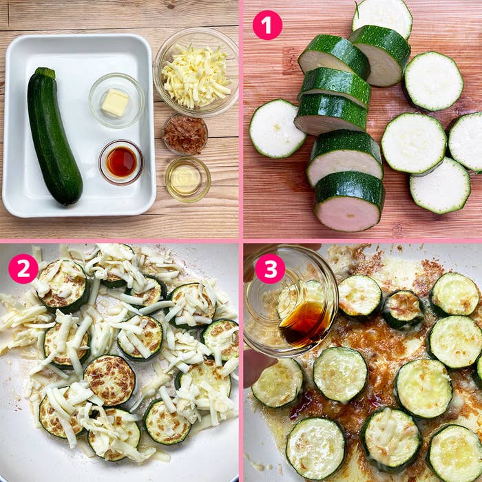 ズッキーニとチーズのレシピ。1. 輪切りにしたズッキーニ。2. 焼いたズッキーニにチーズをのせる。3. 焼き上がりにソースをかける。