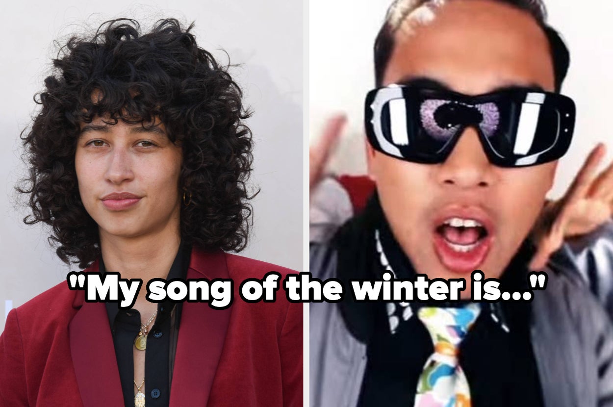 Towa Bird in a red blazer on the left, Far East Movement in futuristic glasses on the right with text "My song of the winter is..."