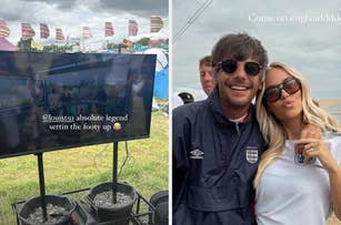 Louis Tomlinson and a woman pose happily at an outdoor event with a TV showing a football game; text reads "Come on Englanddddd."