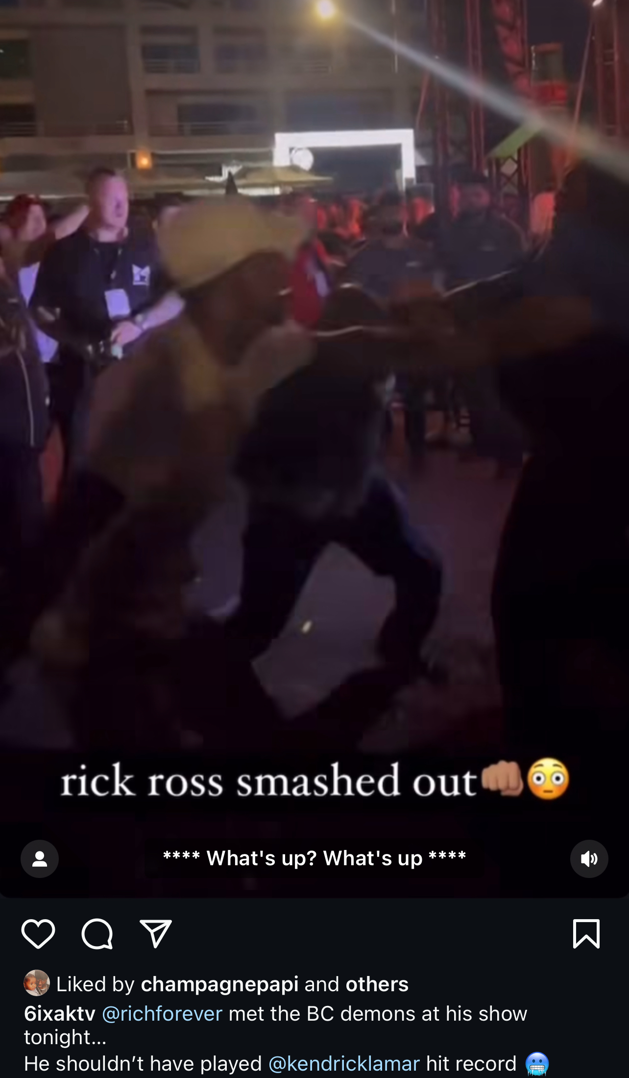 Rick Ross appears in a crowded venue, surrounded by people. Text overlay says, &quot;Rick Ross smashed out. He shouldn&#x27;t have played @kendricklamar hit record.&quot;
