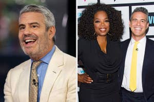 Andy Cohen smiling in a beige suit and tie; Oprah Winfrey in a black dress with Andy Cohen in a suit and yellow tie at a media event