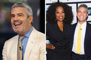 Andy Cohen smiling in a beige suit and tie; Oprah Winfrey in a black dress with Andy Cohen in a suit and yellow tie at a media event