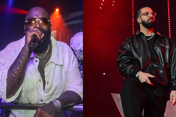 Rick Ross and Drake performing on stage. Rick Ross wears an open white shirt with sunglasses, while Drake is in a black leather jacket and sunglasses