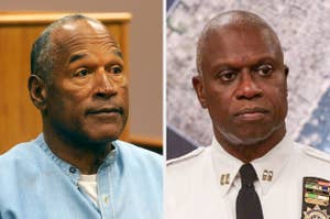 O.J. Simpson and Andre Braugher are pictured side by side. O.J. Simpson is in casual clothing, while Andre Braugher is in a police uniform