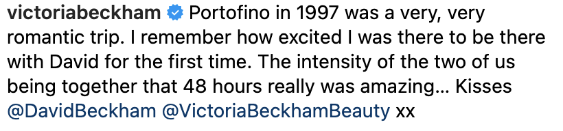 Instagram post by victoria beckham reminiscing about a romantic 1997 trip to Portofino with David Beckham, mentioning their excitement and intensity together
