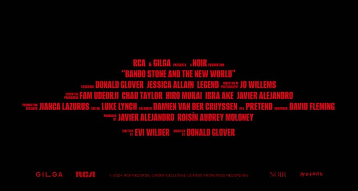 Red text on a black background listing names like Donald Glover, Jessica Allain, and Jo Willems followed by film titles and other credits