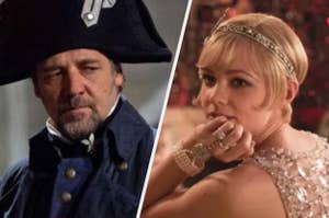 Russell Crowe, dressed as a historical figure in a uniform with a bicorne hat, and Carey Mulligan, dressed in 1920s flapper-style attire with jewelry and a headband