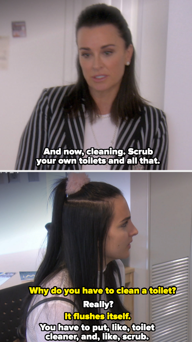Top: Kyle Richards speaks, saying: "And now, cleaning. Scrub your own toilets and all that." Bottom: Sophia responds, "Why do you have to clean a toilet?"