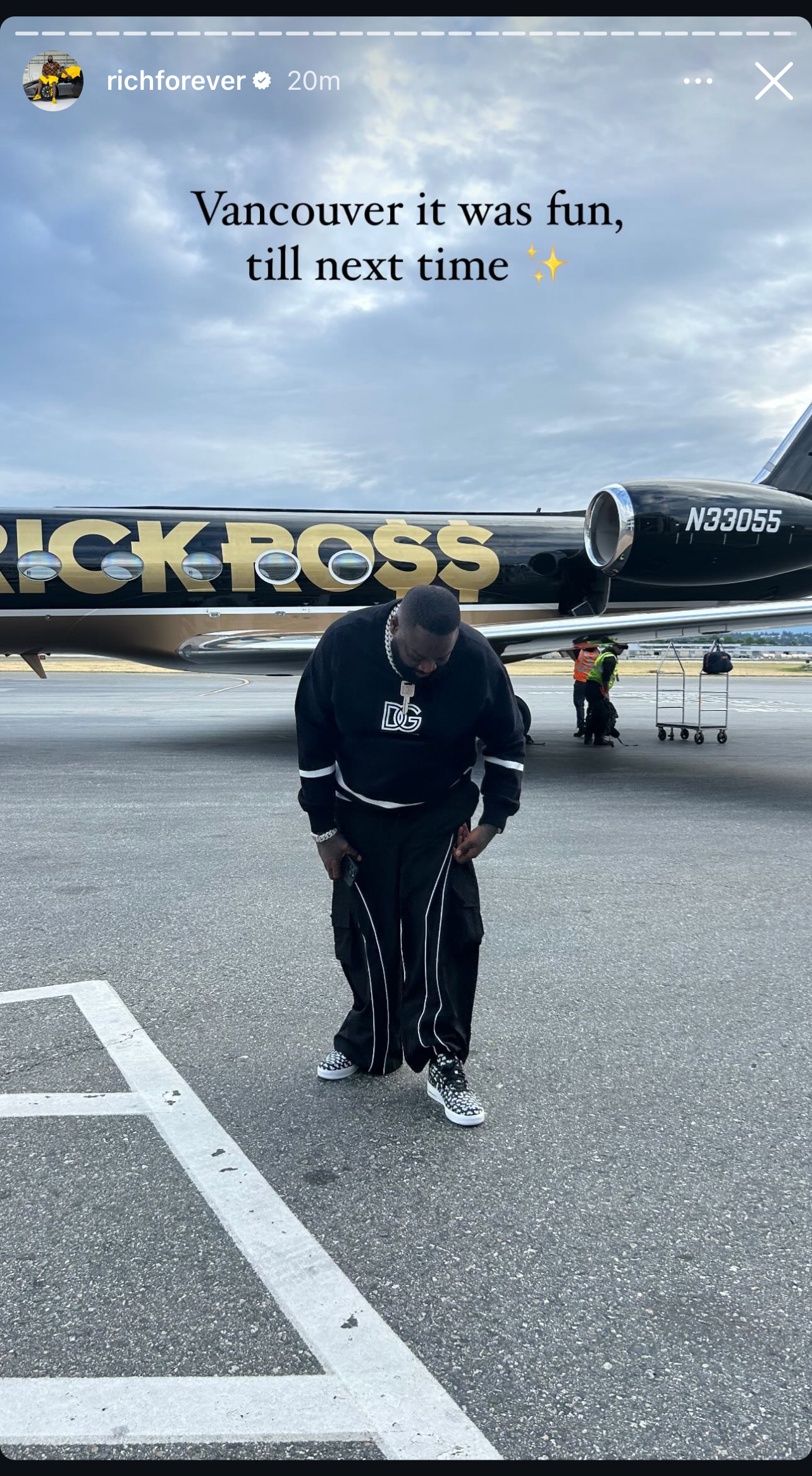 Rick Ross stands by a private jet with his name on it, captioned &quot;Vancouver it was fun, till next time.&quot; He wears a black outfit with white details