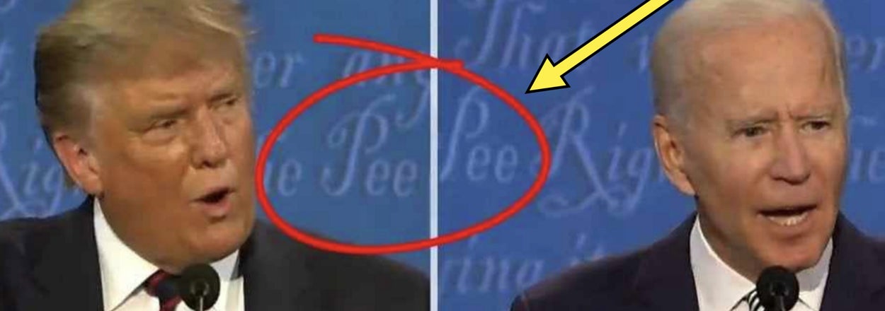 Donald Trump and Joe Biden during a debate, an on-screen element highlights the letters "Pee" behind them
