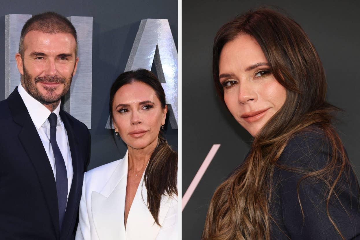 David Beckham in a dark suit and Victoria Beckham in a white blazer attending an event. Victoria Beckham poses solo on the right side of the image