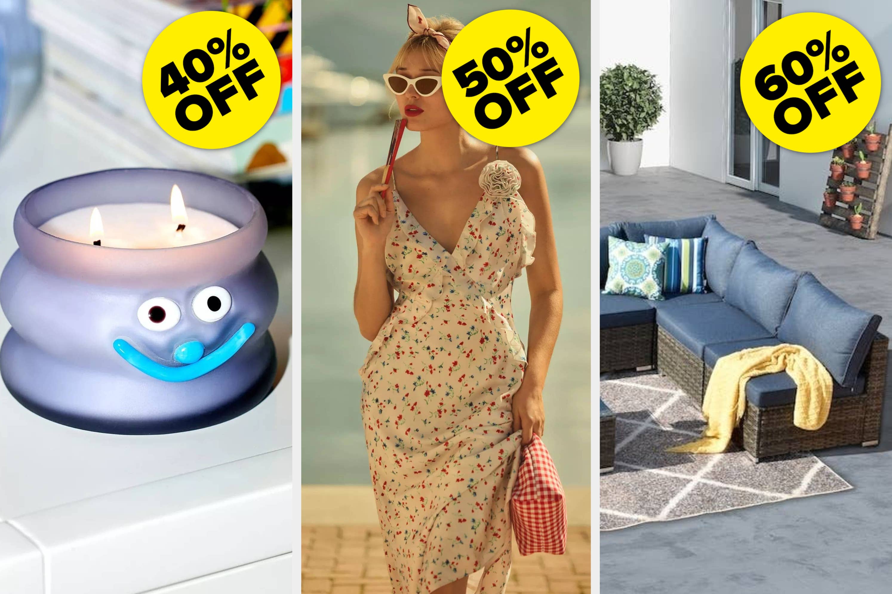 Three shopping deals: A candle with a smiley face at 40% off, a model in a floral dress at 50% off, and outdoor furniture set at 60% off