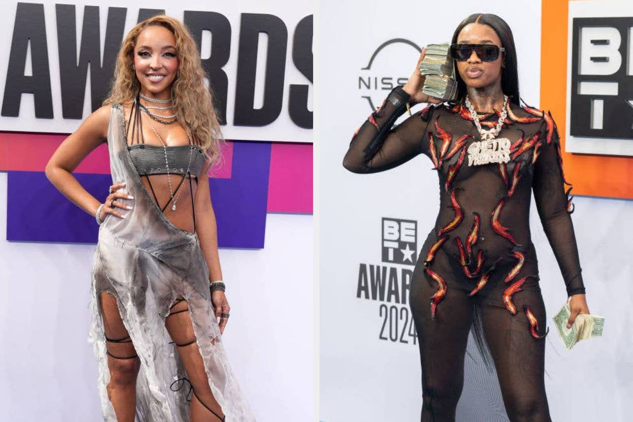 Tinashe wears a sheer, strappy dress, while Summer Walker is in a black, sheer dress with flame patterns, both posing at an awards event