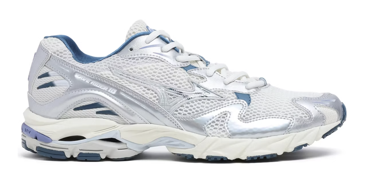 Side view of a white and silver Mizuno Wave Rider 10 sneaker with mesh and synthetic material details, designed for running