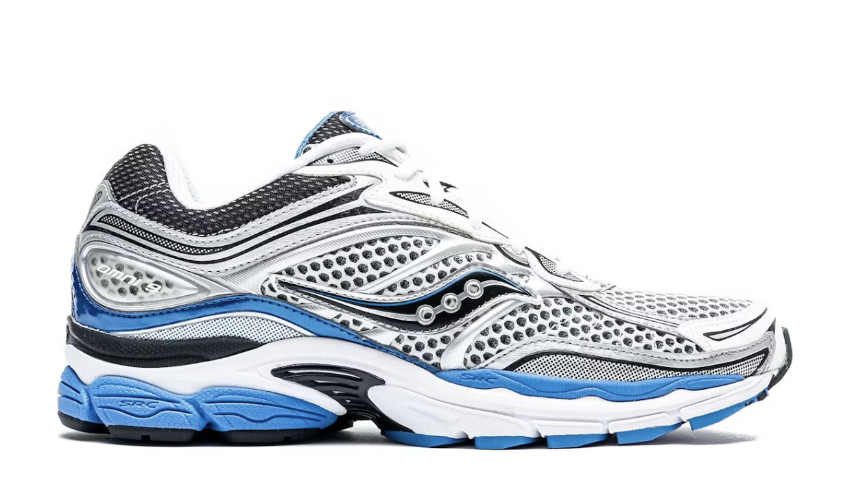 A single Saucony running shoe with a mesh design and multiple ventilation areas for breathability, featuring a supportive sole with blue and gray accents
